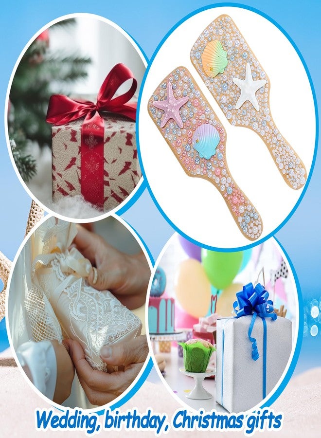 LemonRoad 3 Set DIY Wooden Hairbrush Kit Decorate Your Own Hair Brush with Pearl Seashell Starfish Hairbrush Gift for Women Girls Birthday Bridal Baby Shower Wedding Mermaid Party Favor - Image 4